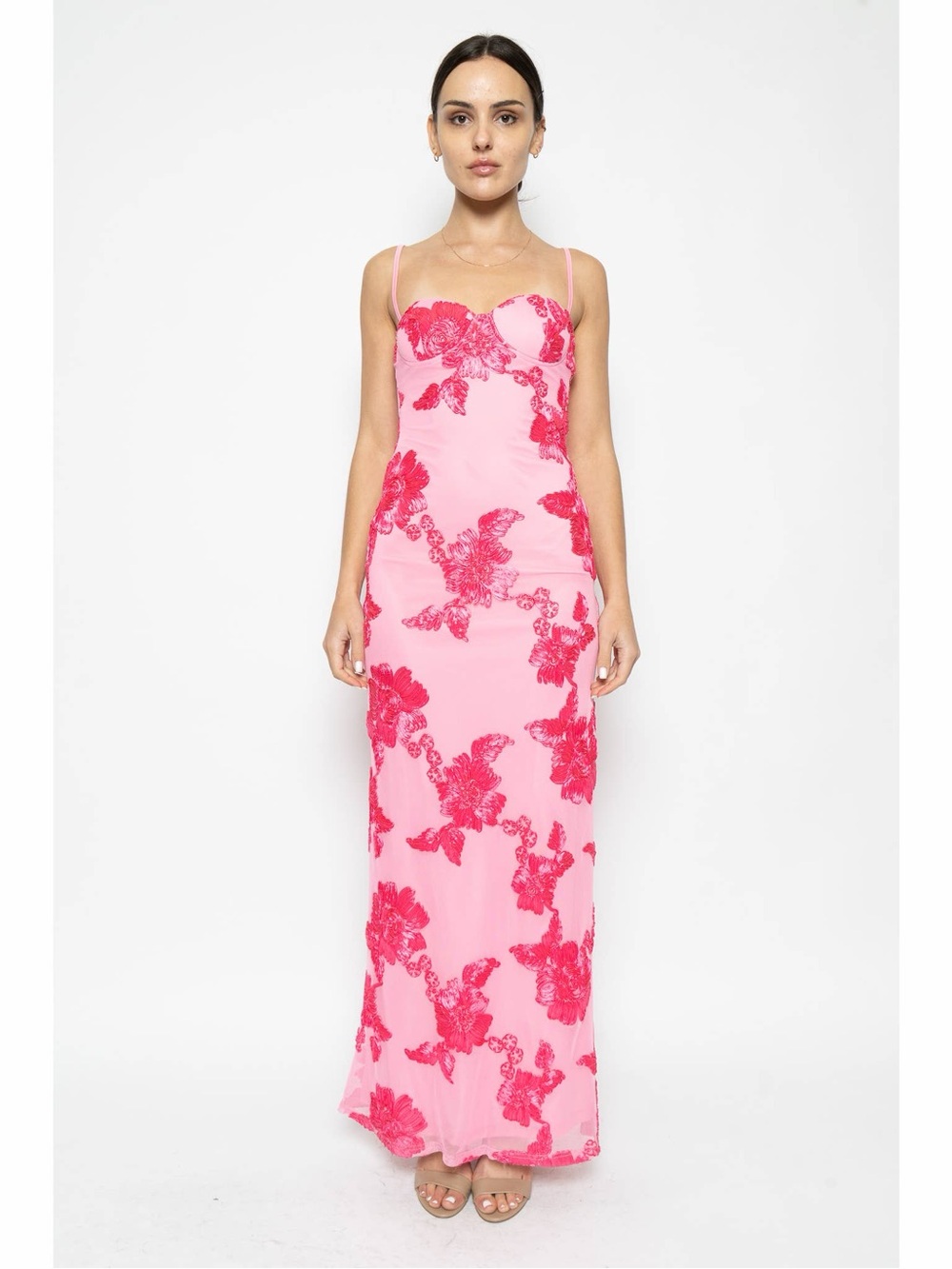 Strappy Pink Floral Lace Evening Gown